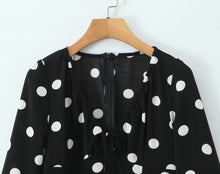 Load image into Gallery viewer, French Retro Dots Dress Women Holiday V neck Slim-Fit Flared Sleeves Slimming A line Dress