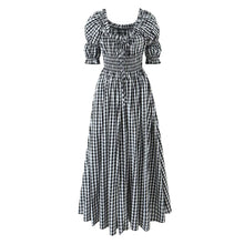 Load image into Gallery viewer, French Retro Minority Design High Waist Color Contrast Check Maxi Dress Women Elastic Waist Puff Sleeve Dress