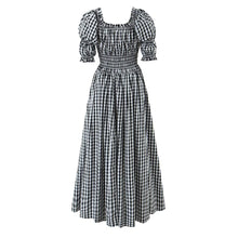 Load image into Gallery viewer, French Retro Minority Design High Waist Color Contrast Check Maxi Dress Women Elastic Waist Puff Sleeve Dress