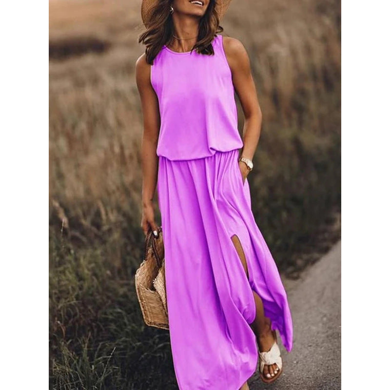 Spring Summer Women Clothing round Neck Sleeveless Dress Split Solid Color Casual Office Dress