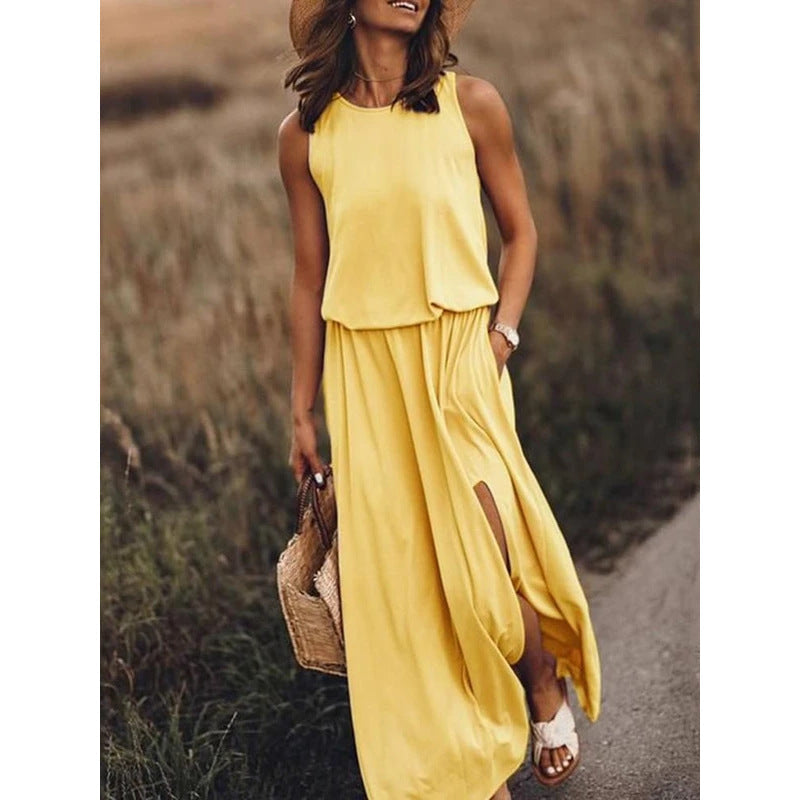 Spring Summer Women Clothing round Neck Sleeveless Dress Split Solid Color Casual Office Dress