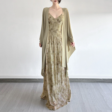 Load image into Gallery viewer, Retro Mori Green Dress Slimming Batwing Sleeves Sun Protection Cardigan Cinched Slimming Maxi Dress Two Piece Sets