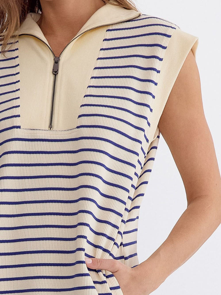 Ladies Summer Sleeveless Cotton Knitted Striped Color Matching Zipper Pocket Dress