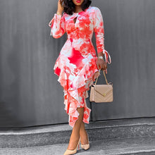 Load image into Gallery viewer, Autumn Winter Office Printed Ruffled Sheath One Step Dress