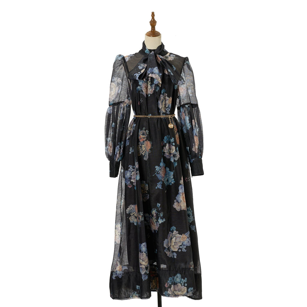 Women Loose Fitting V Neck Lantern Shaped Long Sleeved Wide Skirted Printed Dress