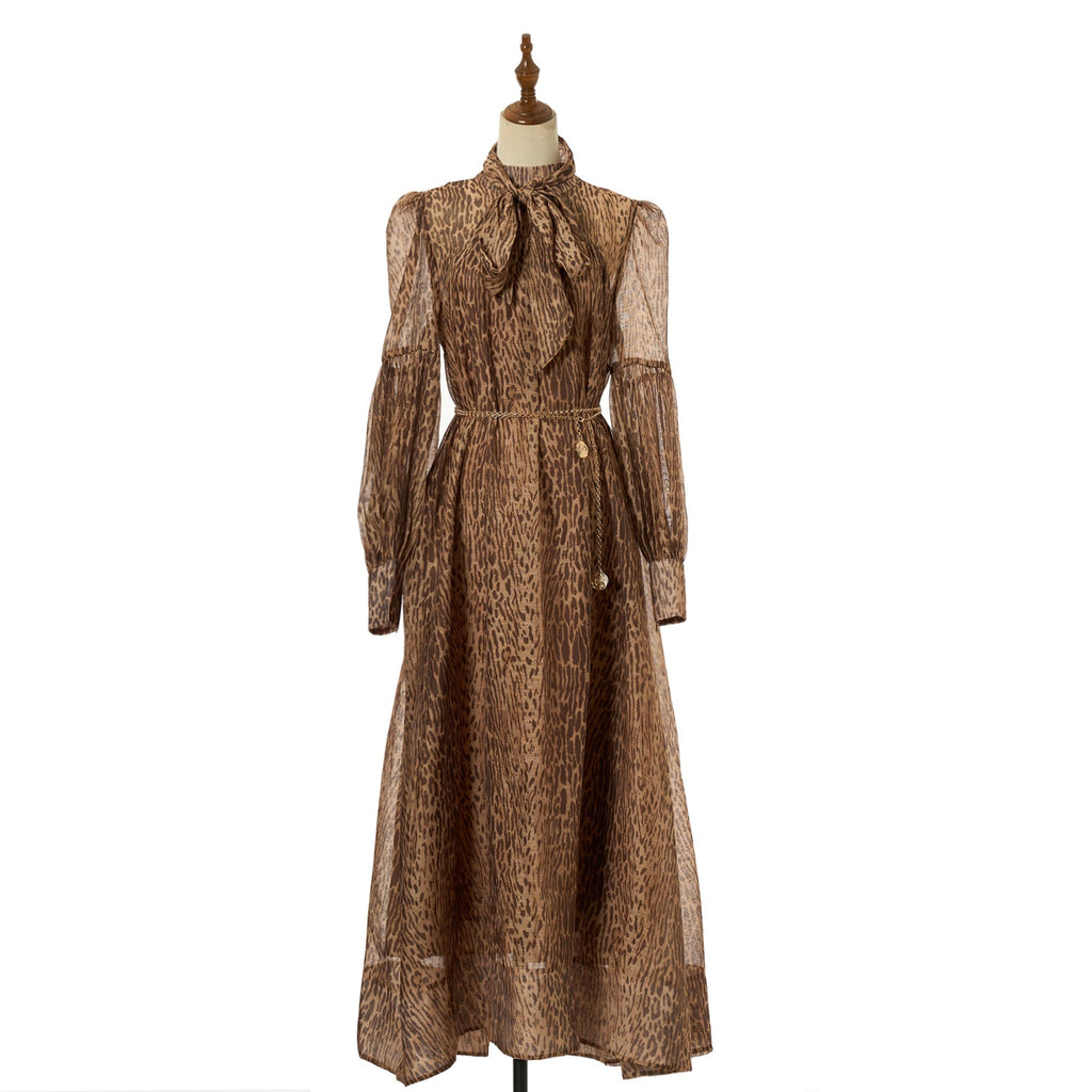 Women Loose Fitting V Neck Lantern Shaped Long Sleeved Wide Skirted Printed Dress