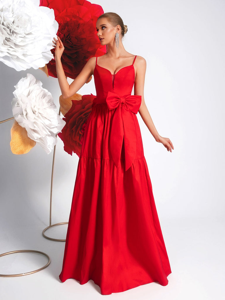 Big Bowknot Red Slip Dress Deep V Plunge Waist Tight Socialite Light Luxury Cocktail Party Evening Dress