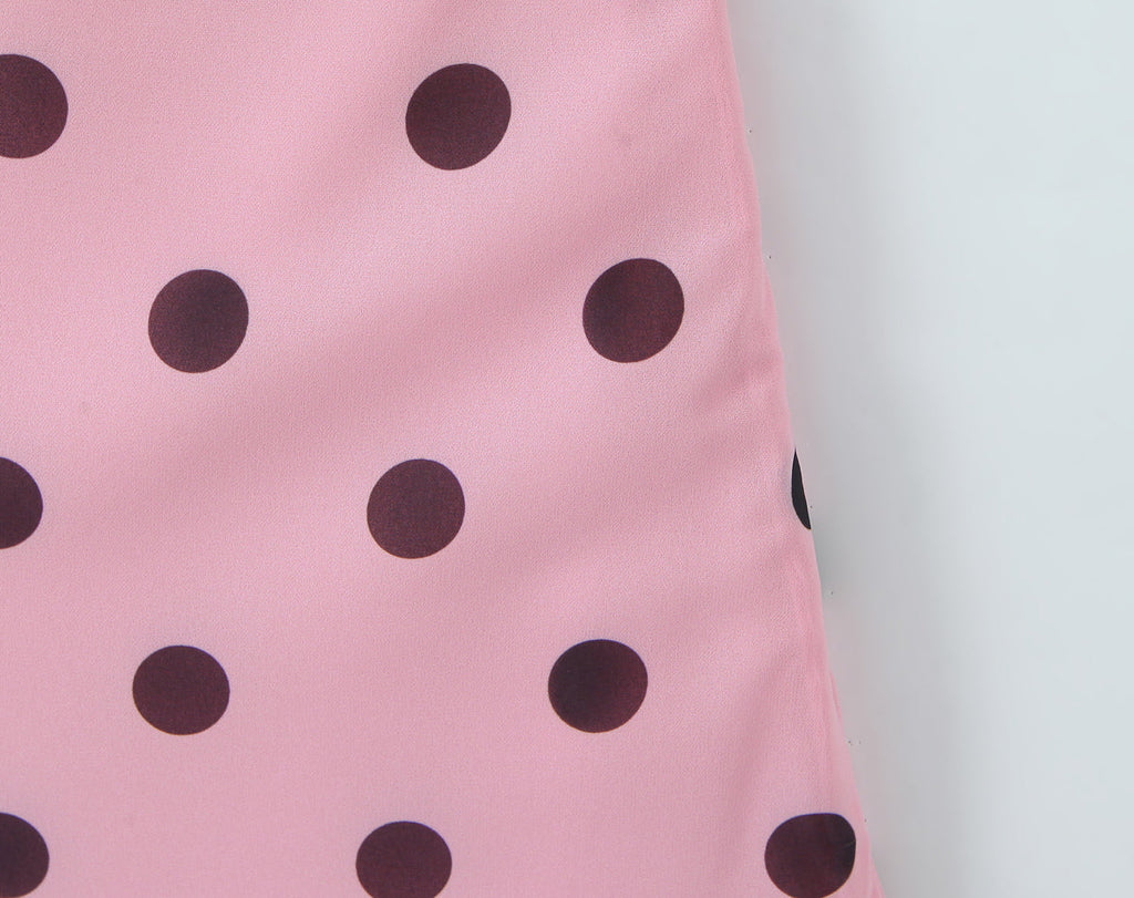 Gentle Elegant Pink Polka Dot Brace Dress Women Vintage Backless Lace up Design Tight Waist Maxi Dress