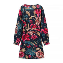 Load image into Gallery viewer, Autumn Winter All Match Printed Dress Deep V Plunge neck Long Sleeve Printed Tape Belt Dress