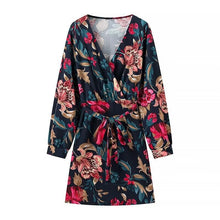 Load image into Gallery viewer, Autumn Winter All Match Printed Dress Deep V Plunge neck Long Sleeve Printed Tape Belt Dress