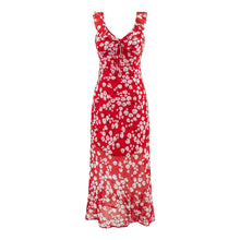 Load image into Gallery viewer, Spring Slim Fit Deep V Plunge neck Flounce Floral Red Background Waist Trimming Spaghetti Straps Maxi Dress Exposed Cropped