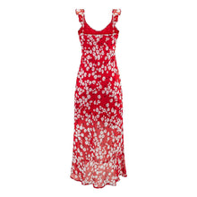 Load image into Gallery viewer, Spring Slim Fit Deep V Plunge neck Flounce Floral Red Background Waist Trimming Spaghetti Straps Maxi Dress Exposed Cropped
