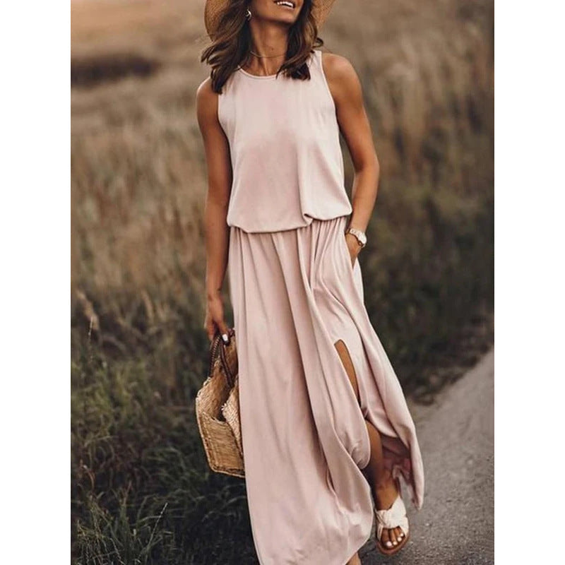 Spring Summer Women Clothing round Neck Sleeveless Dress Split Solid Color Casual Office Dress