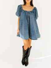 Load image into Gallery viewer, Ladies Summer Dress Fresh Denim Washed Puff Sleeve Large Swing Double Sided Bag Dress