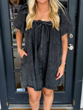 Load image into Gallery viewer, Ladies Summer Dress Fresh Denim Washed Puff Sleeve Large Swing Double Sided Bag Dress
