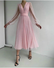 Load image into Gallery viewer, Sexy Deep V Plunge Plunge Mesh Bubble Long Sleeve Dress Slim Waist Dress