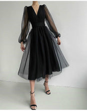 Load image into Gallery viewer, Sexy Deep V Plunge Plunge Mesh Bubble Long Sleeve Dress Slim Waist Dress