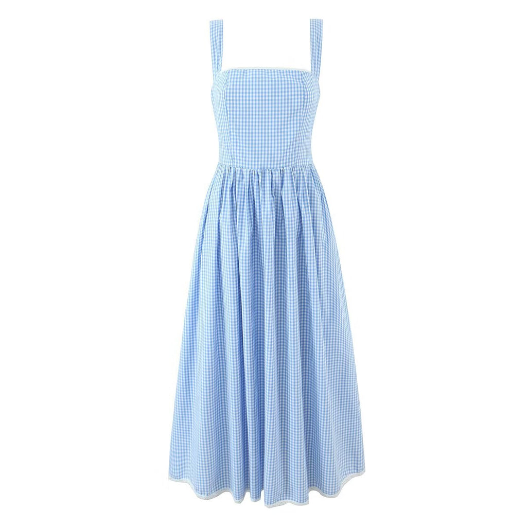 French Retro Dots Printed Lace Trim Holiday Dress Summer Waist Trimming Lace up Slim Fit Holiday Cami Long Dress