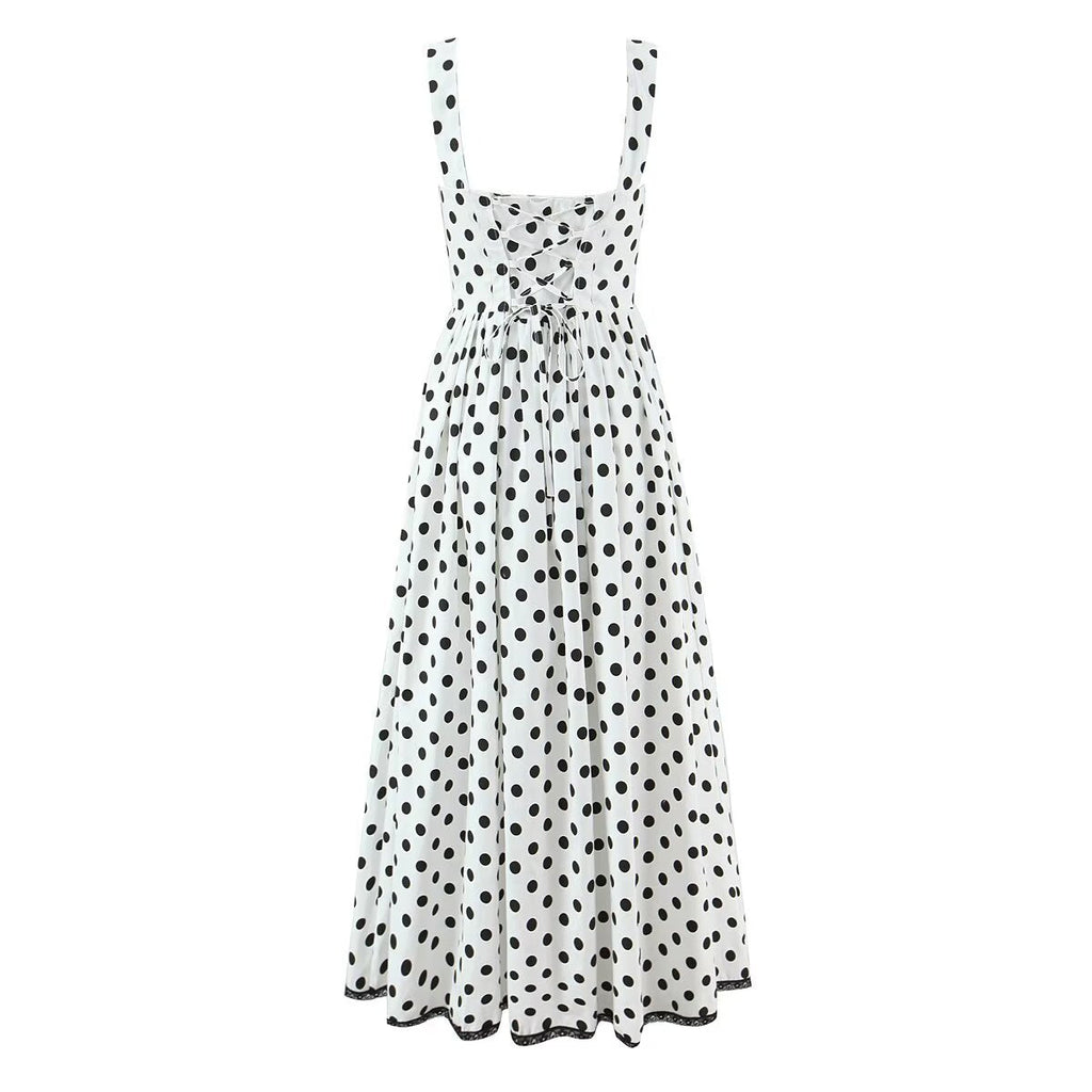 French Retro Dots Printed Lace Trim Holiday Dress Summer Waist Trimming Lace up Slim Fit Holiday Cami Long Dress