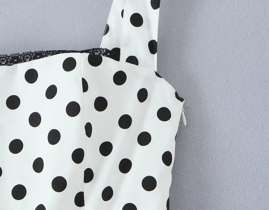 French Retro Dots Printed Lace Trim Holiday Dress Summer Waist Trimming Lace up Slim Fit Holiday Cami Long Dress