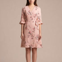 Load image into Gallery viewer, Spring French Floral Printed V neck Ruffled Cropped Sleeve Lace up Stomach Blanket Dress