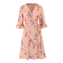 Load image into Gallery viewer, Spring French Floral Printed V neck Ruffled Cropped Sleeve Lace up Stomach Blanket Dress