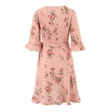 Load image into Gallery viewer, Spring French Floral Printed V neck Ruffled Cropped Sleeve Lace up Stomach Blanket Dress