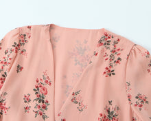 Load image into Gallery viewer, Spring French Floral Printed V neck Ruffled Cropped Sleeve Lace up Stomach Blanket Dress