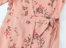 Load image into Gallery viewer, Spring French Floral Printed V neck Ruffled Cropped Sleeve Lace up Stomach Blanket Dress