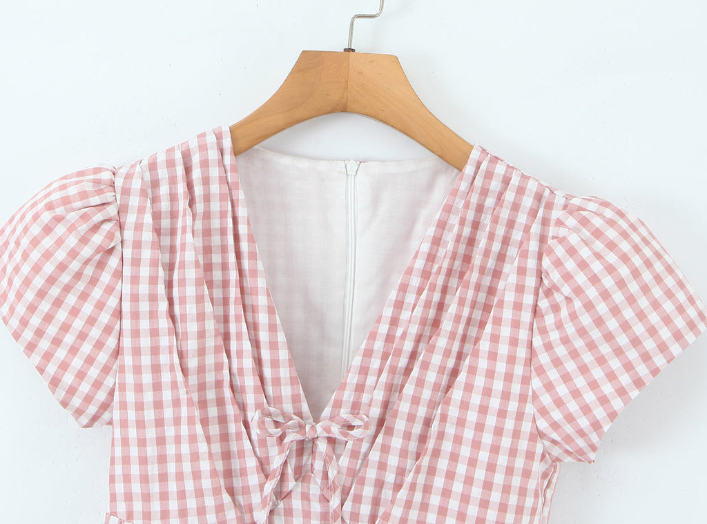 Women Clothing Spring Sweet Youthful Short Slim Plaid Waist Tight A line Dress
