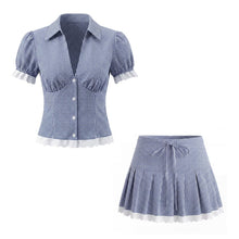Load image into Gallery viewer, Women Elegant Blue White Fine Plaid Shirt Top Skirt Set