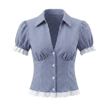 Load image into Gallery viewer, Women Elegant Blue White Fine Plaid Shirt Top Skirt Set
