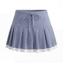 Load image into Gallery viewer, Women Elegant Blue White Fine Plaid Shirt Top Skirt Set