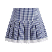 Load image into Gallery viewer, Women Elegant Blue White Fine Plaid Shirt Top Skirt Set