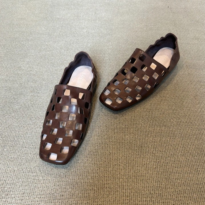 Women's Retro Square Toe Flat Loafers | Hollowed-Out Pleated Slip-On Shoes