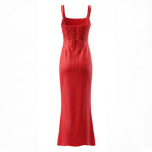 Load image into Gallery viewer, Back Cross Lace up Waist Controlled Dress Women Retro Square Collar Slim Fit Ruffle Hip Fishtail Dress