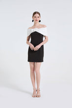 Load image into Gallery viewer, Black And White Contrast One Shoulder Dress With Three Dimensional Floral Decoration Off The Shoulder Figure Hugging And Elegant