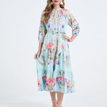 Load image into Gallery viewer, Women Printed Stand Up Collar Drawstring Waist Cinched Dress