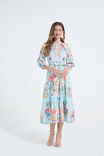 Load image into Gallery viewer, Women Printed Stand Up Collar Drawstring Waist Cinched Dress