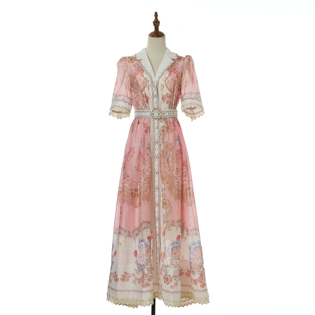 Women Autumn Print Stand Up Collar Single Button Elegant And Stylish Long Sleeved Dress