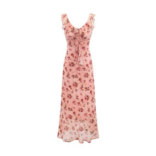 Load image into Gallery viewer, Vintage Ruffled Drawstring Patchwork Slip Dress Pink Rose Sheath Fishtail Midi Dress