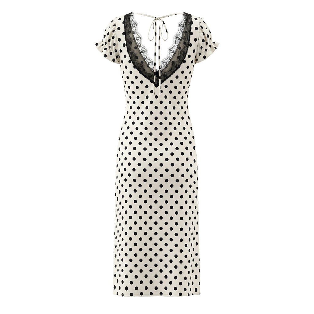 Sexy Lace Deep V Plunge neck Puff Sleeve Polka Dot Dress Tight Waist Slim Fit Sexy Midi Dress for Women