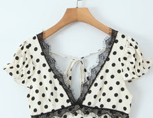 Load image into Gallery viewer, Sexy Lace Deep V Plunge neck Puff Sleeve Polka Dot Dress Tight Waist Slim Fit Sexy Midi Dress for Women