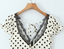 Load image into Gallery viewer, Sexy Lace Deep V Plunge neck Puff Sleeve Polka Dot Dress Tight Waist Slim Fit Sexy Midi Dress for Women