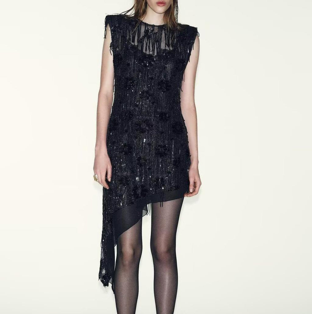 Women Clothing Spring Sequin Asymmetric Sleeveless Slim Dress