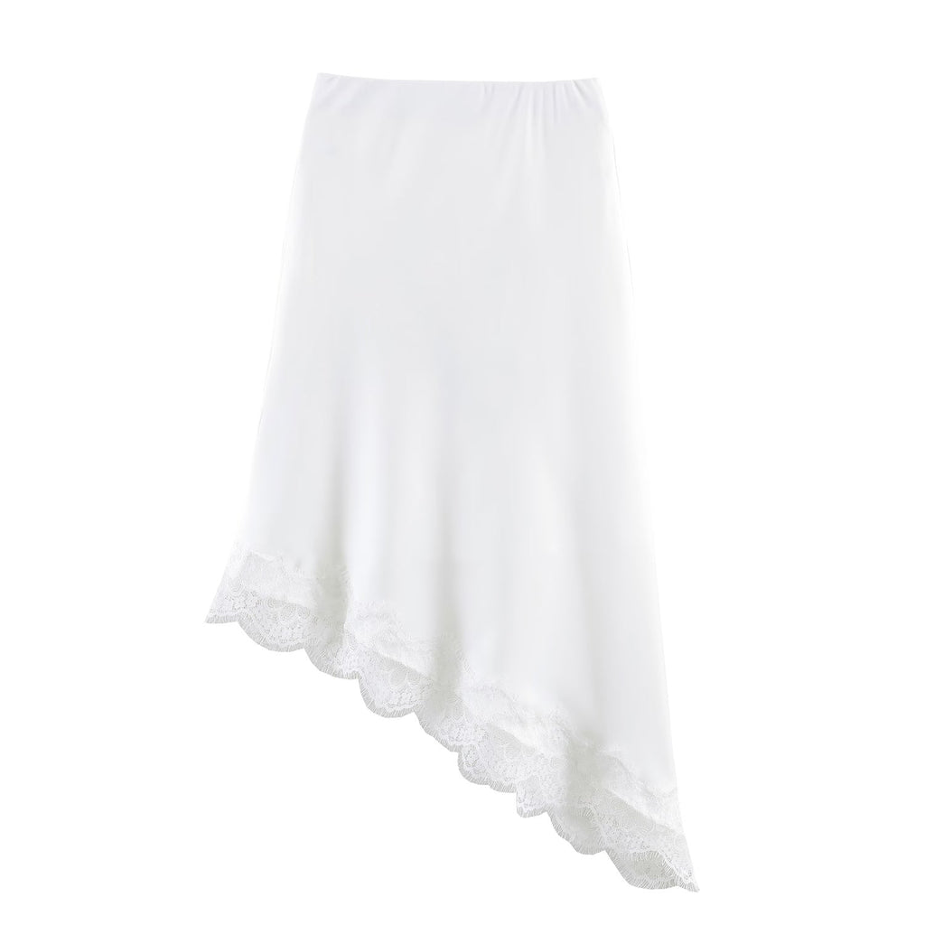 Women Clothing Spring Sexy Satin Acetate Lace Stitching Irregular Asymmetric Skirt