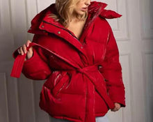 Load image into Gallery viewer, Spring Bright Surface Belt Cotton Padded Jacket All Matching Hooded Zipper Long Sleeve Coat