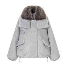 Load image into Gallery viewer, Women Clothing Spring Street Big Fur Collar Woolen Puffer Jacket