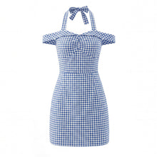 Load image into Gallery viewer, Women French Plaid Sweet Cute Bow Bandage Halterneck off Shoulder Tight Waist Slim Short Dress