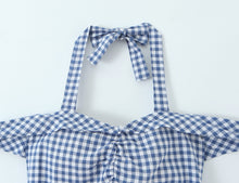 Load image into Gallery viewer, Women French Plaid Sweet Cute Bow Bandage Halterneck off Shoulder Tight Waist Slim Short Dress